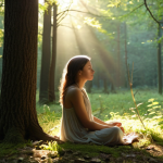 A serene forest scene at dawn. Sunlight filters through the leaves, illuminating a small clearing. A young woman is sitting peacefully amongst the trees, eyes closed, hands resting on the earth. Her expression is calm and content. The air shimmers with a sense of spiritual connection to nature. The image should convey a feeling of peace, harmony, and reverence for the natural world, reflecting the core belief of Animism that everything in nature possesses a spirit.