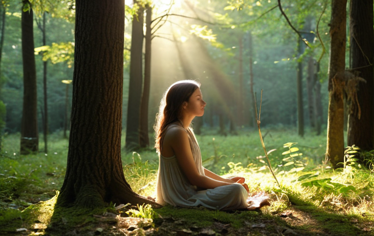 A serene forest scene at dawn. Sunlight filters through the leaves, illuminating a small clearing. A young woman is sitting peacefully amongst the trees, eyes closed, hands resting on the earth. Her expression is calm and content. The air shimmers with a sense of spiritual connection to nature. The image should convey a feeling of peace, harmony, and reverence for the natural world, reflecting the core belief of Animism that everything in nature possesses a spirit.