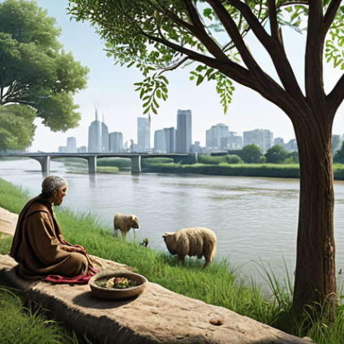 **

Prompt: "An idyllic scene of ancient people connecting with nature, worshipping trees and rivers, with a modern cityscape subtly visible in the background, suggesting animism's relevance today. Focus on the harmony between humans and nature."

**