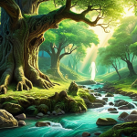 **A serene landscape depicting a lush green forest with ancient trees, a flowing river, and diverse wildlife. Emphasize the presence of spirits or souls within the natural elements (trees, river, animals) through subtle, ethereal glows or outlines, embodying the concept of Animism. Capture the feeling of deep respect and interconnectedness between humans and nature. Style: Dreamy, ethereal, vibrant.**
