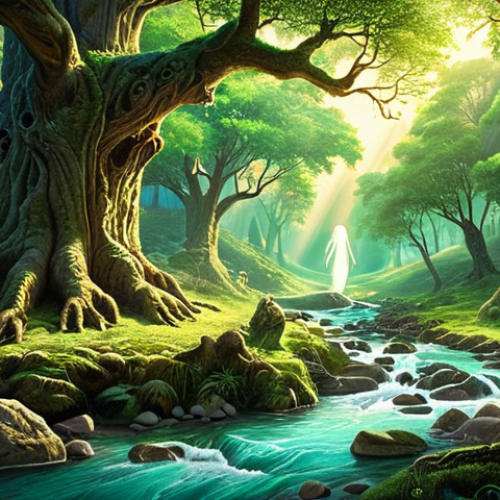 **A serene landscape depicting a lush green forest with ancient trees, a flowing river, and diverse wildlife. Emphasize the presence of spirits or souls within the natural elements (trees, river, animals) through subtle, ethereal glows or outlines, embodying the concept of Animism. Capture the feeling of deep respect and interconnectedness between humans and nature. Style: Dreamy, ethereal, vibrant.**