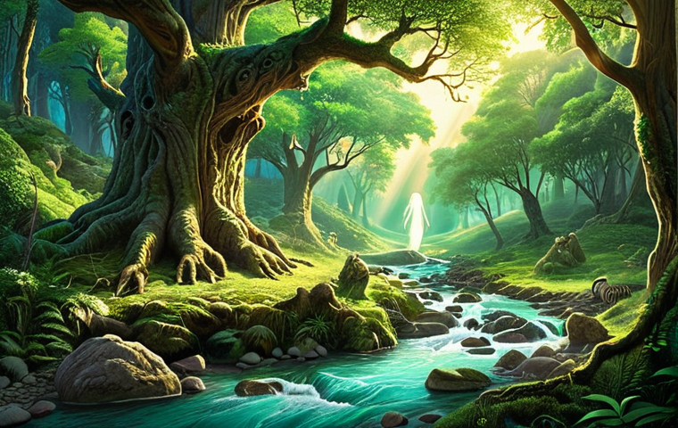 **A serene landscape depicting a lush green forest with ancient trees, a flowing river, and diverse wildlife. Emphasize the presence of spirits or souls within the natural elements (trees, river, animals) through subtle, ethereal glows or outlines, embodying the concept of Animism. Capture the feeling of deep respect and interconnectedness between humans and nature. Style: Dreamy, ethereal, vibrant.**