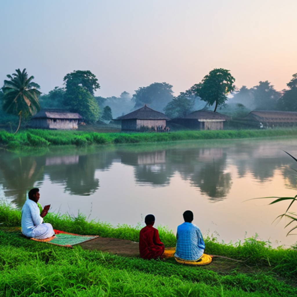 ** A serene village scene at dawn in Bengal, with people offering prayers to the river, fully clothed in traditional attire. Lush greenery, misty atmosphere, and the warm glow of sunrise. Safe for work, appropriate content, family-friendly.
**