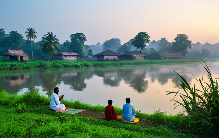 ** A serene village scene at dawn in Bengal, with people offering prayers to the river, fully clothed in traditional attire. Lush greenery, misty atmosphere, and the warm glow of sunrise. Safe for work, appropriate content, family-friendly.
**