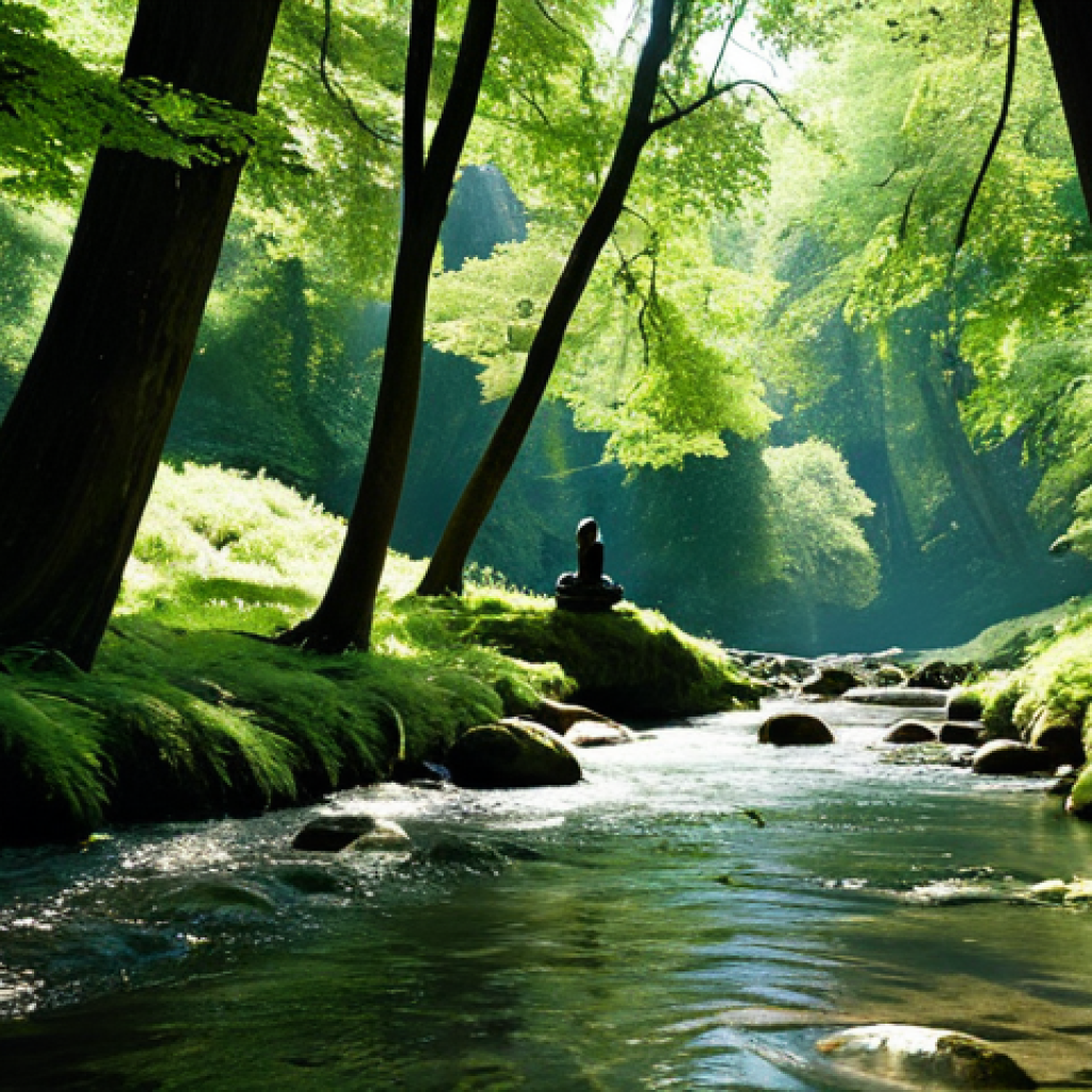 **

"A serene landscape featuring a lush green forest with ancient trees, dappled sunlight filtering through the leaves, a clear stream flowing gently, fully clothed figures meditating peacefully in nature, safe for work, appropriate content, perfect anatomy, natural proportions, professional photography, family-friendly."

**