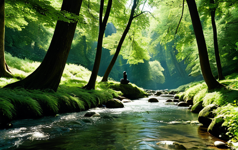 **
"A serene landscape featuring a lush green forest with ancient trees, dappled sunlight filtering through the leaves, a clear stream flowing gently, fully clothed figures meditating peacefully in nature, safe for work, appropriate content, perfect anatomy, natural proportions, professional photography, family-friendly."
**
