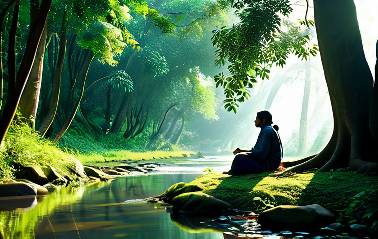 **
"A lush forest scene, ancient trees with visible roots, a small, clear stream flowing through, sunlight filtering through the leaves, creating a mystical atmosphere, focus on the interconnectedness of nature, fully clothed figures in modest traditional Bengali clothing observing the scene with respect, safe for work, appropriate content, perfect anatomy, natural proportions, family-friendly, professional photography, high quality."
**