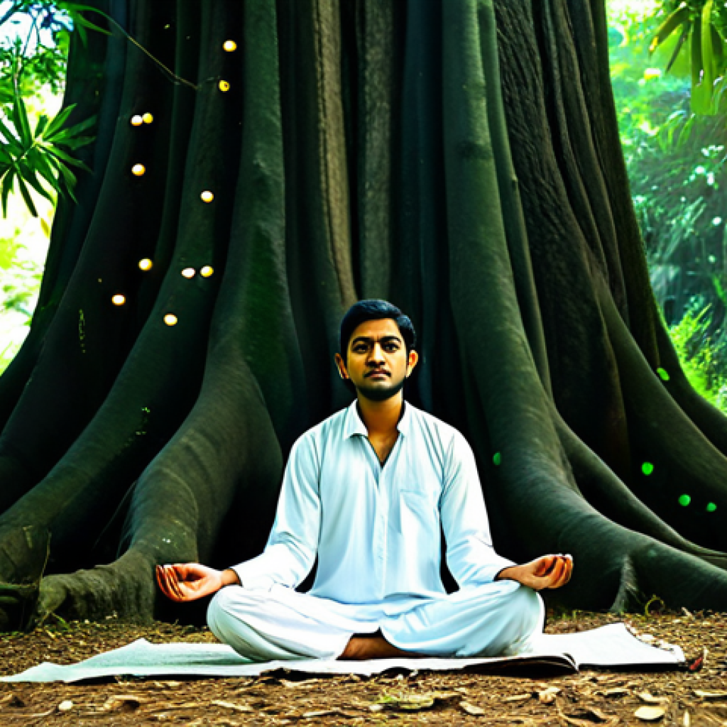 **Prompt:** A serene individual, fully clothed in modest Bengali attire, meditating beneath a large banyan tree in a lush forest, sunlight filtering through leaves, fireflies gently glowing, symbolizing connection with nature's spirit, safe for work, appropriate content, perfect anatomy, natural proportions, professional photography, family-friendly.