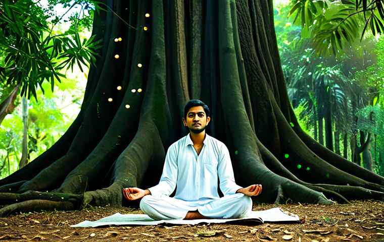 **Prompt:** A serene individual, fully clothed in modest Bengali attire, meditating beneath a large banyan tree in a lush forest, sunlight filtering through leaves, fireflies gently glowing, symbolizing connection with nature's spirit, safe for work, appropriate content, perfect anatomy, natural proportions, professional photography, family-friendly.