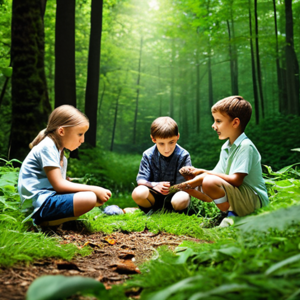 A group of fully clothed children learning about nature in a lush green forest, surrounded by friendly animals. They are participating in a hands-on activity, examining leaves and insects, appropriate attire, safe for work, perfect anatomy, natural proportions, family-friendly educational scene, professional photography.