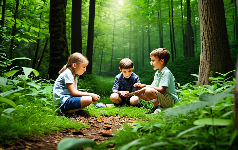 A group of fully clothed children learning about nature in a lush green forest, surrounded by friendly animals. They are participating in a hands-on activity, examining leaves and insects, appropriate attire, safe for work, perfect anatomy, natural proportions, family-friendly educational scene, professional photography.