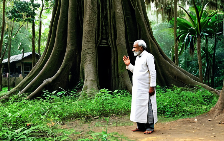 **
"A wise, fully clothed elder, perhaps a village leader, standing respectfully before a large, ancient tree in a lush Bengali forest, appropriate attire, safe for work. The scene evokes a sense of reverence for nature, with soft, natural lighting. Perfect anatomy, correct proportions, well-formed hands, proper finger count, natural body proportions. Professional, modest, family-friendly, high quality."
**