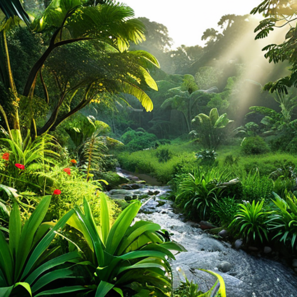 애니미즘의 재해석을 위한 방법론 - A serene jungle scene at dawn, with sunlight filtering through the trees. Lush green foliage, vibran...
