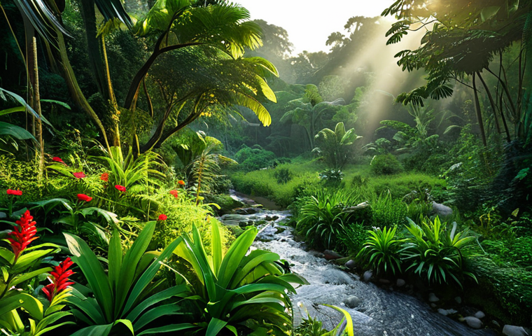 애니미즘의 재해석을 위한 방법론 - A serene jungle scene at dawn, with sunlight filtering through the trees. Lush green foliage, vibran...