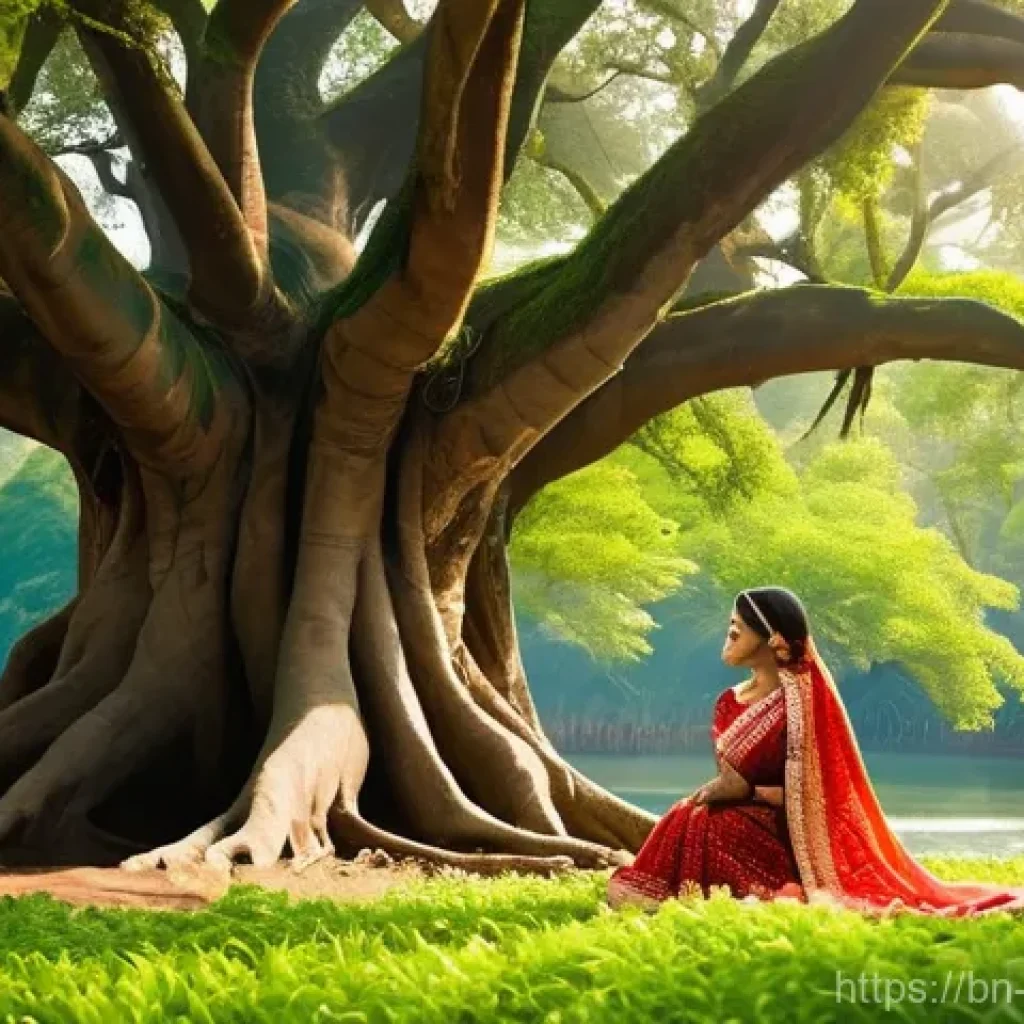 애니미즘의 문학적 표현 - **Prompt:** A young Bengali princess, gracefully dressed in a modest, traditional yellow saree with ...