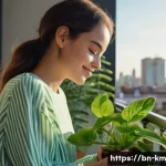 애니미즘과 현대 사회의 복잡성 - A serene and contemplative young woman, in her late 20s, with a gentle smile, sitting on a sun-dappl...