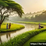 애니미즘을 통한 인간 관계의 재조명 - A serene Bengali village scene showing a diverse group of people respectfully interacting with natur...