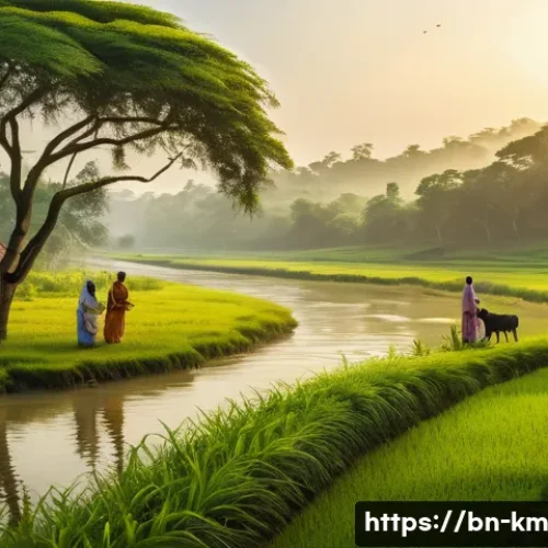 애니미즘을 통한 인간 관계의 재조명 - A serene Bengali village scene showing a diverse group of people respectfully interacting with natur...