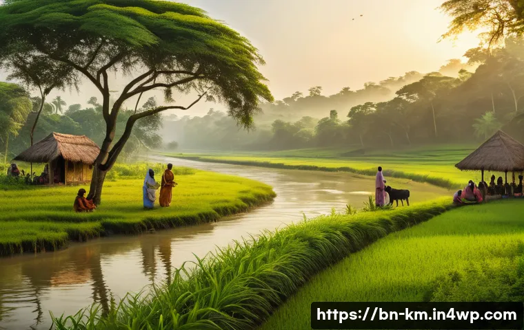 애니미즘을 통한 인간 관계의 재조명 - A serene Bengali village scene showing a diverse group of people respectfully interacting with natur...