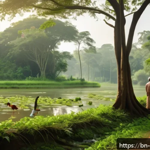 애니미즘과 가족의 관계 - A serene family scene in a lush Bengali village setting where multiple generations&mdash;elders, adults, a...