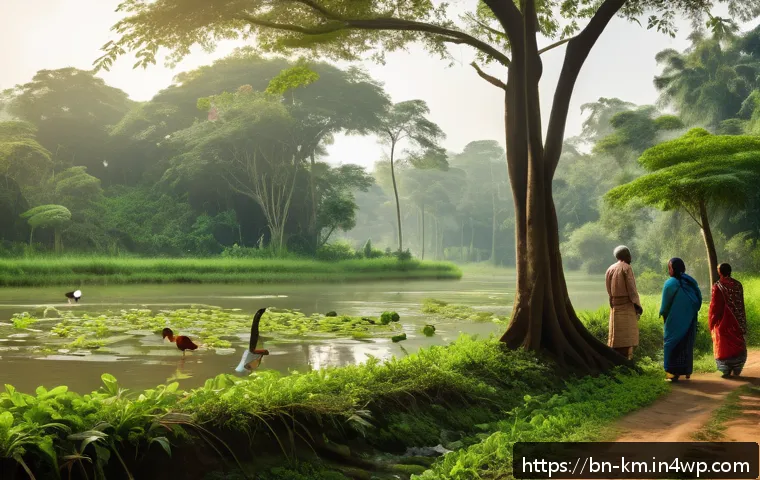 애니미즘과 가족의 관계 - A serene family scene in a lush Bengali village setting where multiple generations—elders, adults, a...