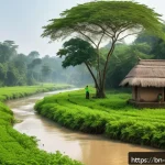 애니미즘과 사회적 혁신 - A serene rural Bengali village scene showing local villagers respectfully planting and caring for an...