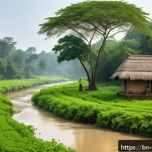 애니미즘과 사회적 혁신 - A serene rural Bengali village scene showing local villagers respectfully planting and caring for an...