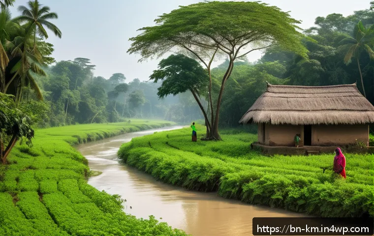 애니미즘과 사회적 혁신 - A serene rural Bengali village scene showing local villagers respectfully planting and caring for an...