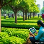 애니미즘의 현대적 상징 의미 - A vibrant smart city park scene in Bangladesh blending modern technology and nature: lush green tree...
