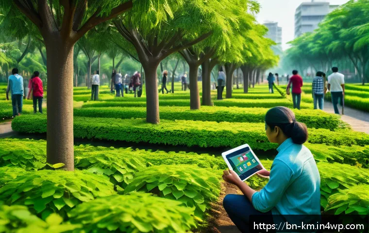 애니미즘의 현대적 상징 의미 - A vibrant smart city park scene in Bangladesh blending modern technology and nature: lush green tree...