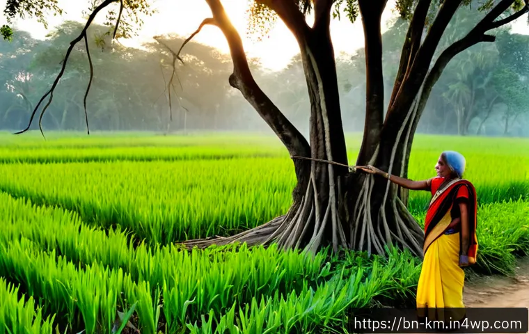 애니미즘과 자연의 연결성 - Photorealistic sunrise scene in a quiet Bengal village grove, an elderly Bengali woman in a modest c...
