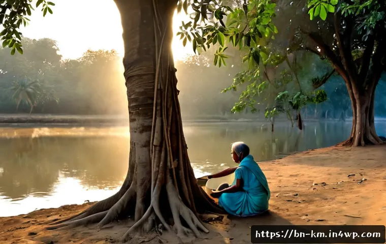 애니미즘과 현대의 관계 맺기 - Photorealistic sunrise scene in a lush Bengal riverside village, an elderly Bengali woman in modest ...